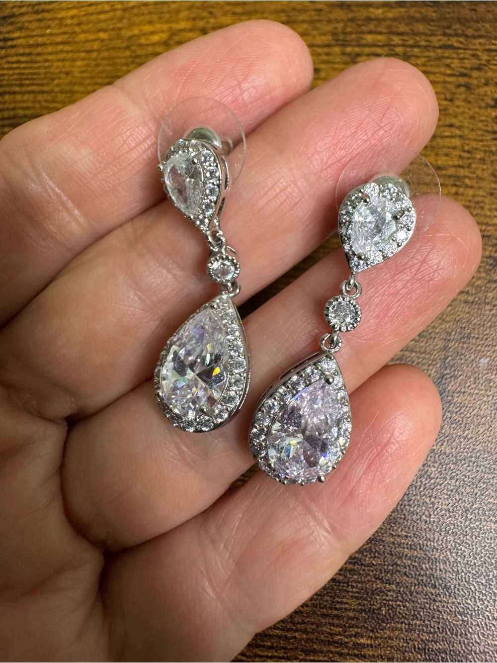 4/$20 Silver Teardrop CZ Dangle Earrings - Sparkling Clear Teardrop Drop